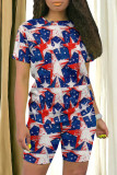 Red Blue Casual Print Patchwork O Neck Short Sleeve Two Pieces