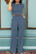 Blue Casual Patchwork O Neck Short Sleeve Two Pieces