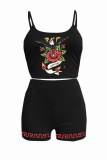 Black Sexy Casual Print Backless Spaghetti Strap Sleeveless Two Pieces
