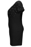 Black Elegant Patchwork Pearl Zipper V Neck Pencil Skirt Plus Size Dresses