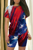 Blue Red Casual Print Patchwork O Neck Short Sleeve Two Pieces