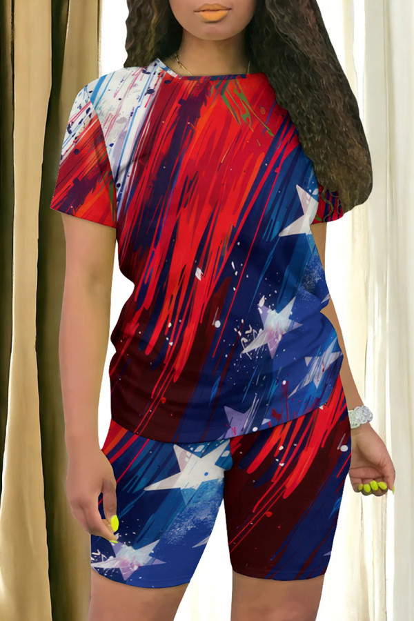 Deep Blue Casual Print Patchwork O Neck Short Sleeve Two Pieces