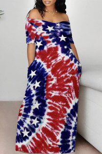 Colour Casual Mixed Printing Letter American Flag Flowers Off the Shoulder Printed Dresses
