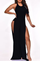 Black Sexy Solid Backless Cross Straps Slit O Neck Skinny Jumpsuits
