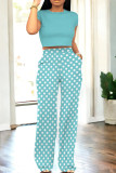 Tibetan Blue Casual Dot Patchwork Pocket O Neck Short Sleeve Two Pieces