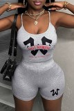 Grey Sexy Casual Print Backless Spaghetti Strap Sleeveless Two Pieces