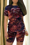 Blue Red Casual Print Patchwork O Neck Short Sleeve Two Pieces