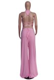 Black Sexy Solid Backless Cross Straps Slit O Neck Skinny Jumpsuits