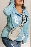 Gray Blue Casual Butterfly Print Buckle Contrast Hooded Collar Tops