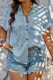 Light Blue Sweet Heart Shaped Patchwork Buckle Turndown Collar Plus Size Tops