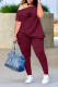 Burgundy Casual Letter Buckle Fold Off the Shoulder Short Sleeve Two Pieces
