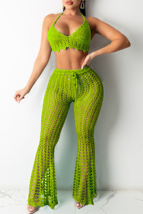 Green Sexy Solid Bandage Hollowed Out See-through Backless Weave Halter Sleeveless Two Pieces
