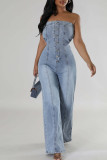 Light Blue Street Buckle Strapless Sleeveless Loose Denim Jumpsuits