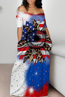 Multicolor Casual Mixed Printing Letter American Flag Flowers Off the Shoulder Printed Dresses