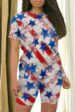 Red Blue Casual Print Patchwork O Neck Short Sleeve Two Pieces