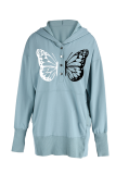 Gray Blue Casual Butterfly Print Buckle Contrast Hooded Collar Tops