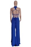 Black Sexy Solid Backless Cross Straps Slit O Neck Skinny Jumpsuits