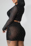 Black Celebrities Patchwork See-through Hot Drill O Neck Long Sleeve Two Pieces