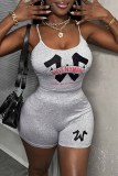 Grey Sexy Casual Print Backless Spaghetti Strap Sleeveless Two Pieces