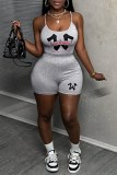 Grey Sexy Casual Print Backless Spaghetti Strap Sleeveless Two Pieces