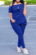 Blue Casual Letter Buckle Fold Off the Shoulder Short Sleeve Two Pieces