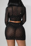 Black Celebrities Patchwork See-through Hot Drill O Neck Long Sleeve Two Pieces