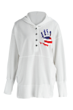 White Casual Print American Flag Buckle Hooded Collar Tops