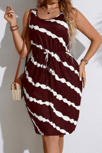 Burgundy Elegant Striped Bandage Patchwork U Neck Straight Plus Size Dresses