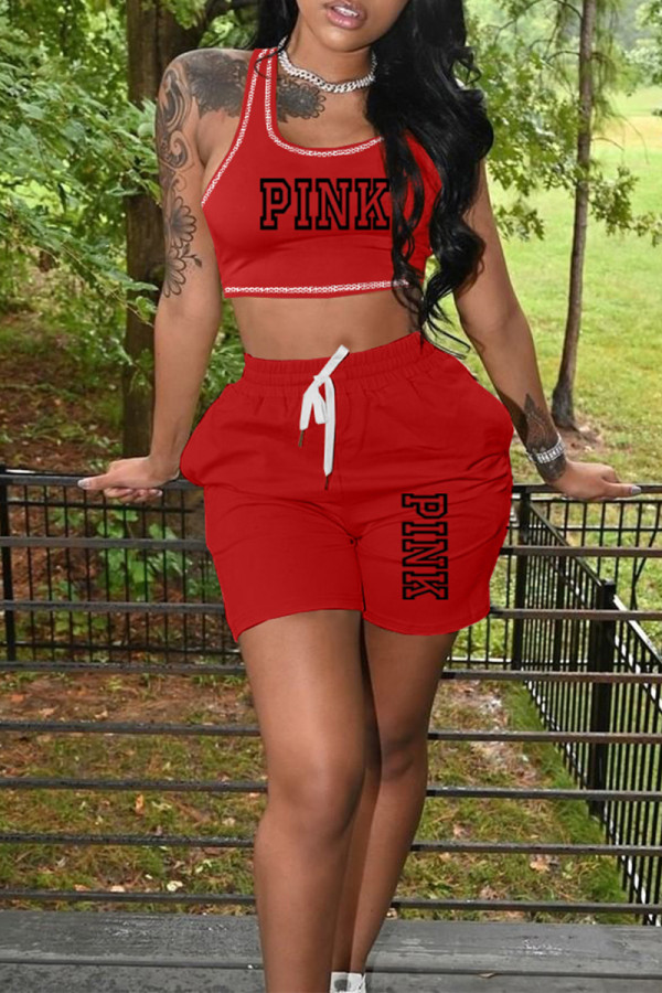 Red Casual Sportswear Letter Print Draw String Pocket U Neck Sleeveless Two Pieces