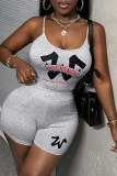 Grey Sexy Casual Print Backless Spaghetti Strap Sleeveless Two Pieces