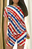 Red Blue Casual Print Patchwork O Neck Short Sleeve Two Pieces