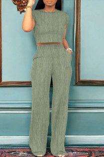 Green Casual Patchwork O Neck Short Sleeve Two Pieces