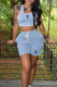 Light Blue Casual Sportswear Letter Draw String Pocket Contrast U Neck Sleeveless Two Pieces
