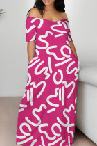 Rose Red Casual Print Backless Off Shoulder Long Dresses