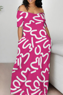 Rose Red Casual Print Backless Off Shoulder Long Dresses