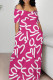 Rose Red Casual Print Backless Off Shoulder Long Dresses