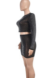 Black Celebrities Patchwork See-through Hot Drill O Neck Long Sleeve Two Pieces