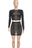 Black Celebrities Patchwork See-through Hot Drill O Neck Long Sleeve Two Pieces