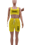 Red Casual Sportswear Letter Print Draw String Pocket U Neck Sleeveless Two Pieces