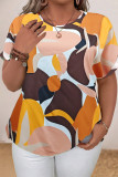 Pink Casual Print Hollow Out Pearl O Neck Plus Size Tops