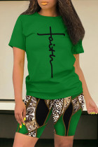 Green Casual Leopard Print Letter Print Patchwork O Neck Short Sleeve Two Pieces