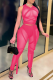 Rose Red Sexy Solid Bandage Mesh V Neck Sleeveless Two Pieces