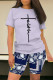 Light Purple Casual Leopard Print Letter Print Patchwork O Neck Short Sleeve Two Pieces