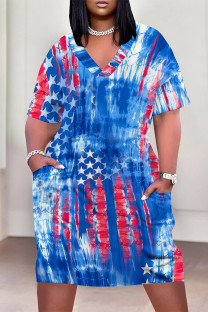 Blue Casual The stars American Flag Heart Shaped Print Pocket V Neck Printed Plus Size Dresses