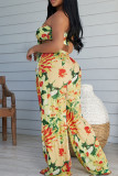 Rose Red Casual Floral Print Backless Patchwork Belted Strapless Sleeveless Two Pieces