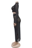 Apricot Sexy Hot Drilling Patchwork See-through Slit Turtleneck Long Sleeve Two Pieces