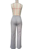 Grey Casual Solid Color Draw String Pocket Patchwork Straight Mid Waist Straight Patchwork Bottoms