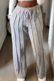 Grey Casual Solid Color Draw String Pocket Patchwork Straight Mid Waist Straight Patchwork Bottoms