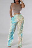 Blue Street Print Buttons Zipper Patchwork Tassel Loose High Waist Wide Leg Full Print Bottoms