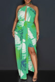 Orange Sexy Casual Print Bandage Backless Halter Long Dresses